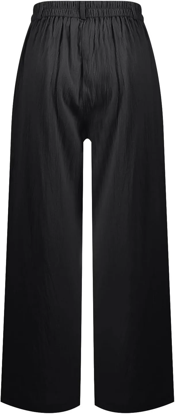 Wide Leg Womens Linen Pants 2025 Summer Casual Dress Pants High Waisted Pleated Lounge Palazzo Beach Pants with Pockets
