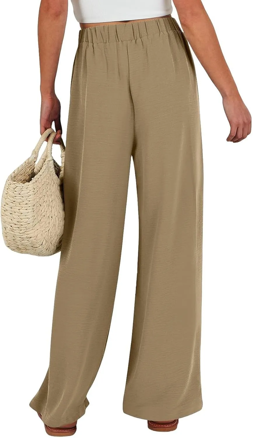 Women Linen Pants Casual Loose High Waist Wide Leg Beach Trousers with Pocket Summer Boho Outfits Trendy Clothes