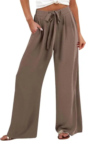 Women Linen Pants Casual Loose High Waist Wide Leg Beach Trousers with Pocket Summer Boho Outfits Trendy Clothes