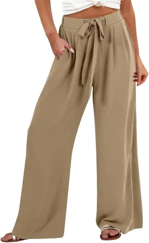 Women Linen Pants Casual Loose High Waist Wide Leg Beach Trousers with Pocket Summer Boho Outfits Trendy Clothes