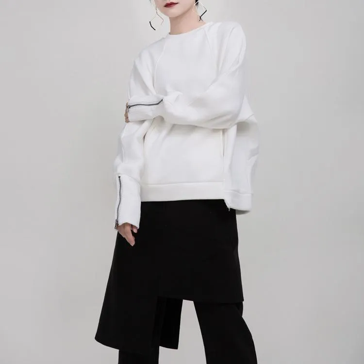 Women Round Neck Zipper Loose Hoodies Sweaters