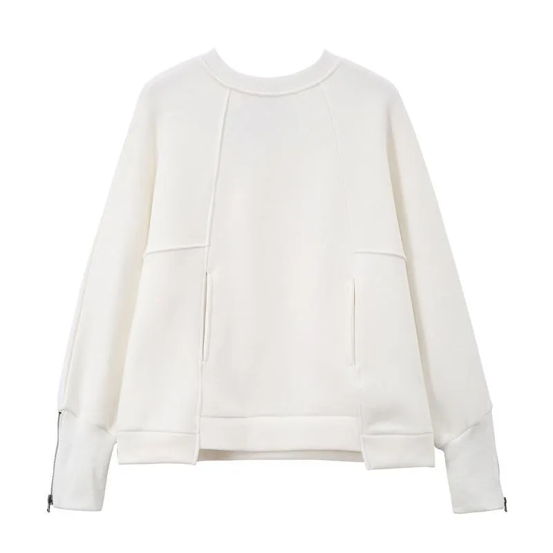 Women Round Neck Zipper Loose Hoodies Sweaters