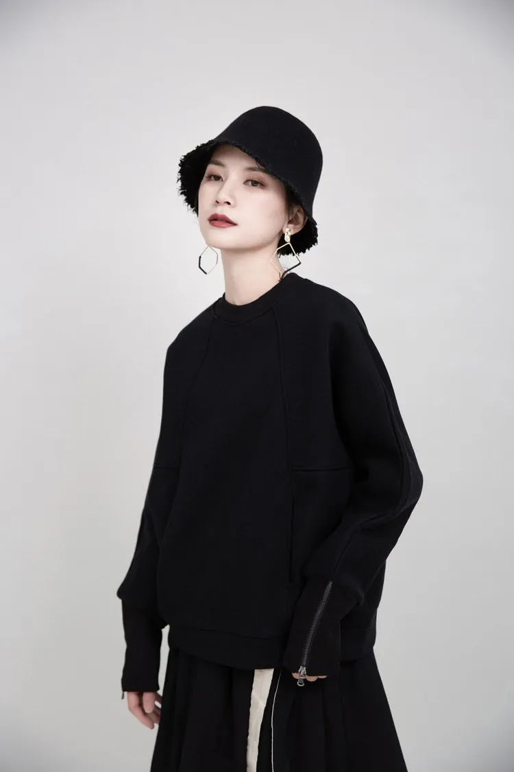 Women Round Neck Zipper Loose Hoodies Sweaters