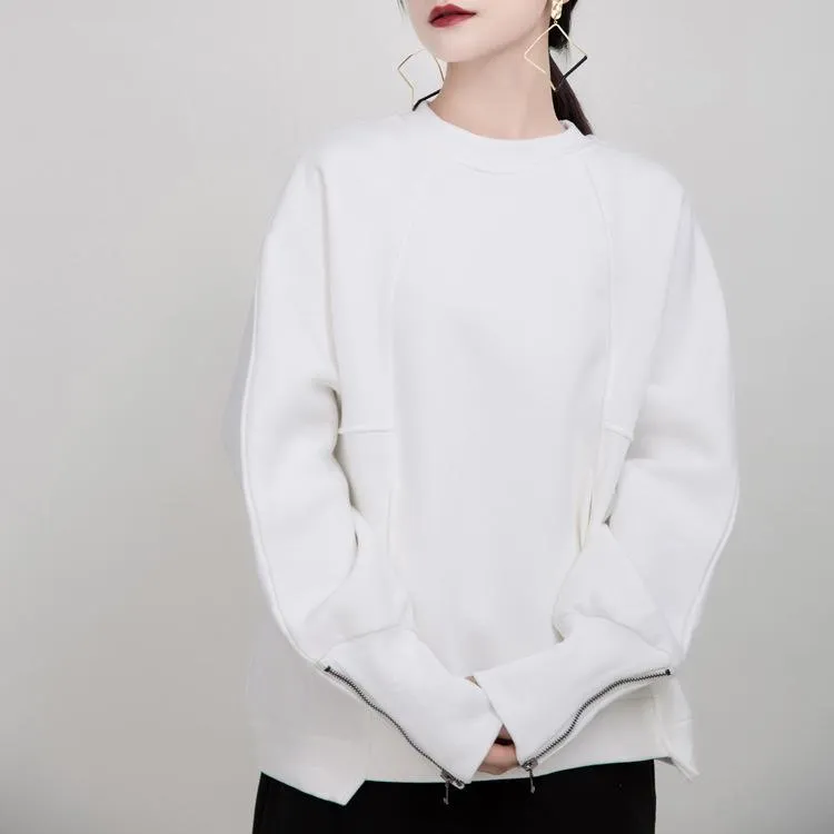 Women Round Neck Zipper Loose Hoodies Sweaters