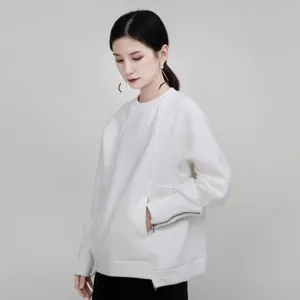 Women Round Neck Zipper Loose Hoodies Sweaters