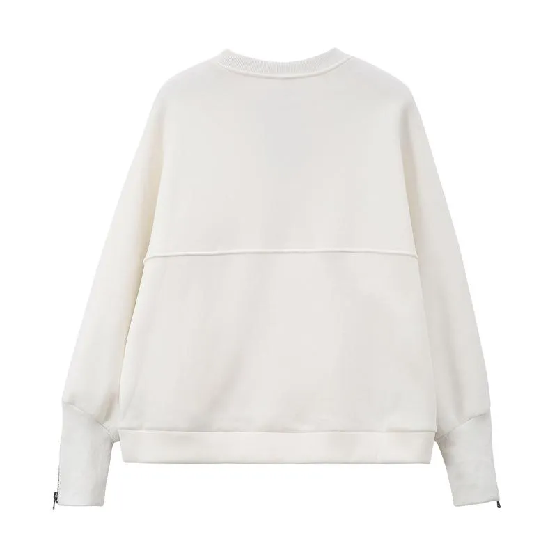 Women Round Neck Zipper Loose Hoodies Sweaters