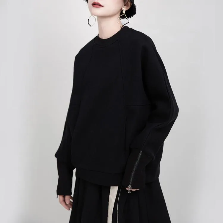 Women Round Neck Zipper Loose Hoodies Sweaters