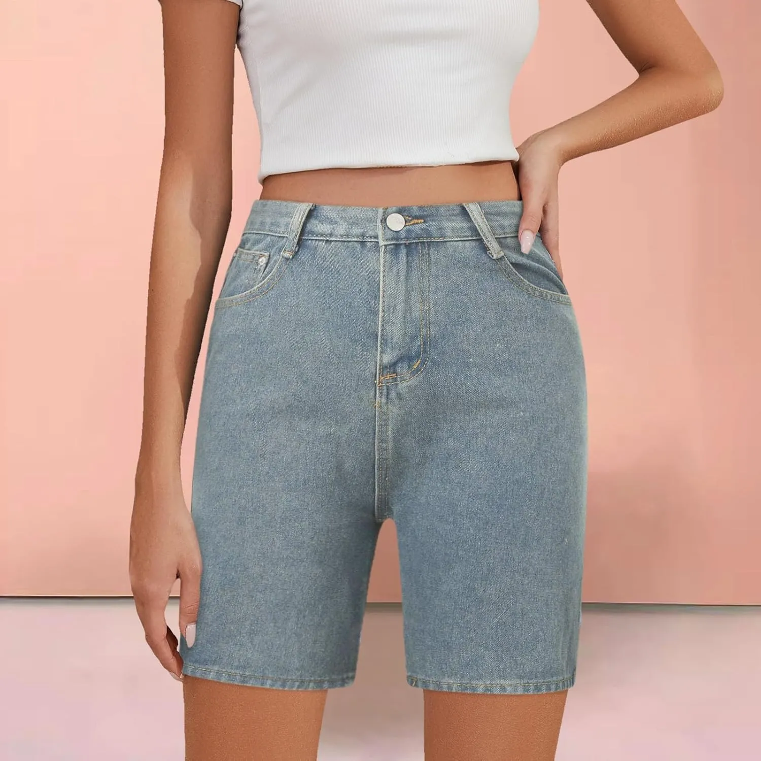Women's Denim Shorts Trendy High Waisted Casual Summer Cropped Stretchy Bermuda Long Jean Shorts Straight Leg Pants