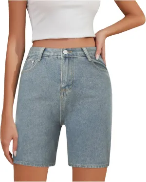 Women's Denim Shorts Trendy High Waisted Casual Summer Cropped Stretchy Bermuda Long Jean Shorts Straight Leg Pants