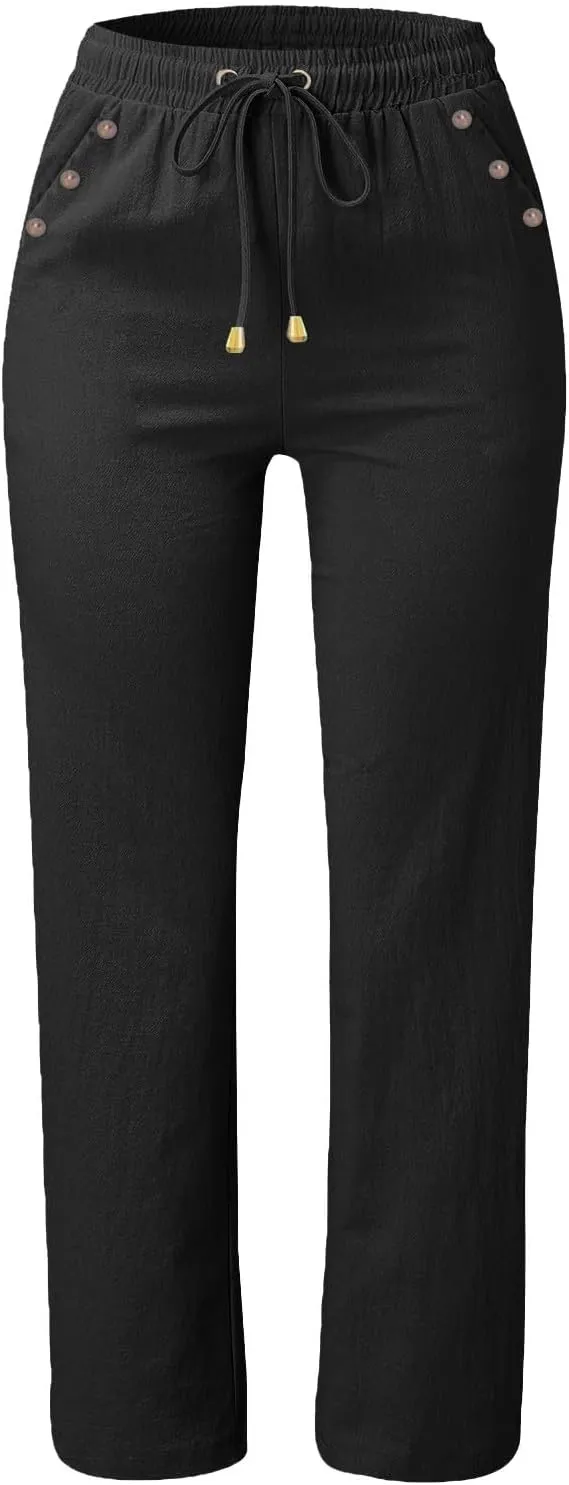 Womens Linen Pants High Waisted Wide Leg Pants Summer Boho Palazzo Pants Lightweight Flowy Beach Pants with Pockets