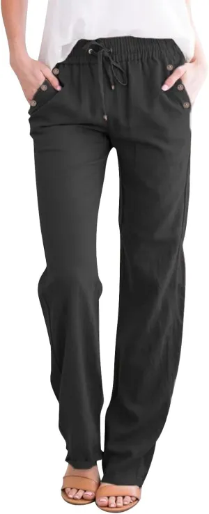 Womens Linen Pants High Waisted Wide Leg Pants Summer Boho Palazzo Pants Lightweight Flowy Beach Pants with Pockets