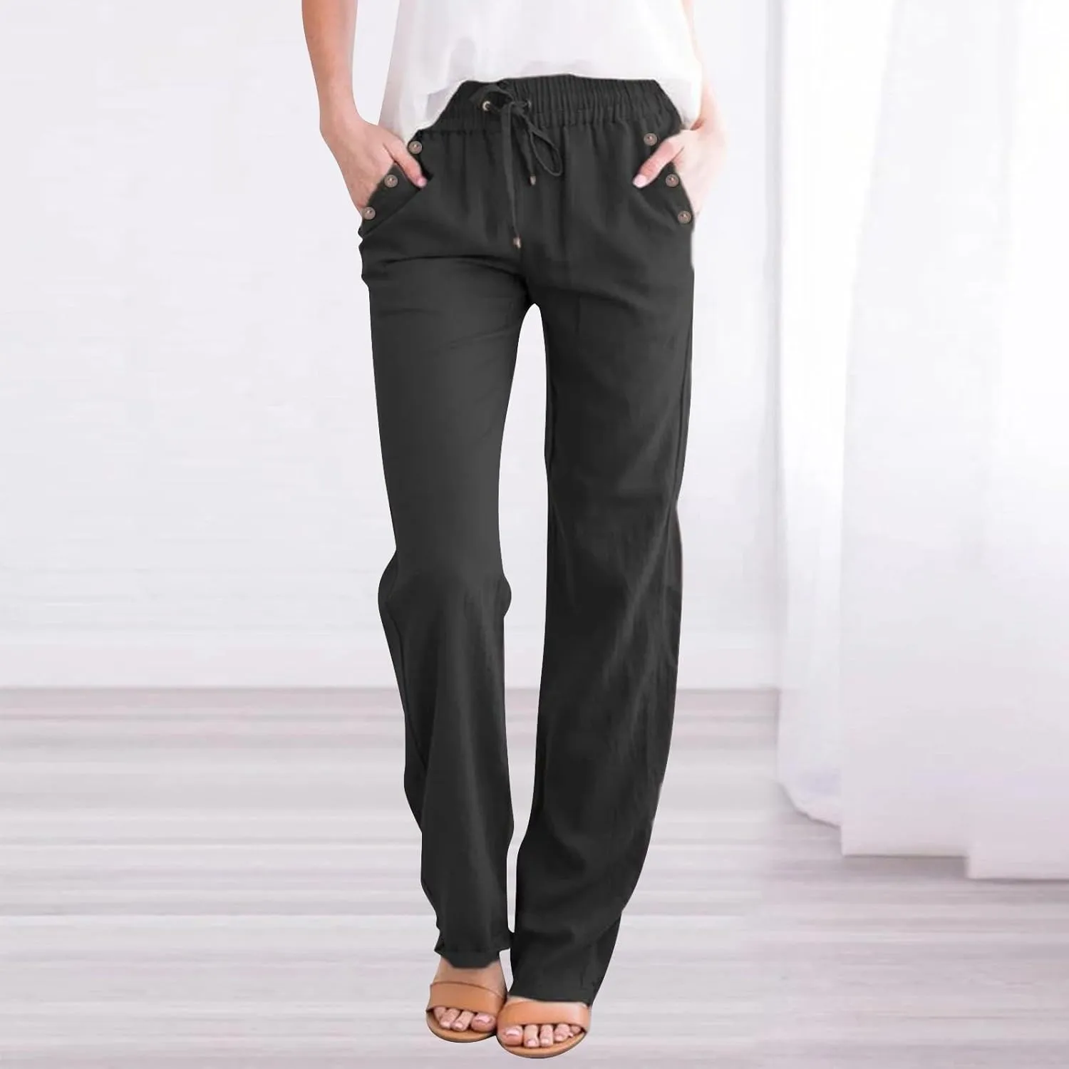 Womens Linen Pants High Waisted Wide Leg Pants Summer Boho Palazzo Pants Lightweight Flowy Beach Pants with Pockets