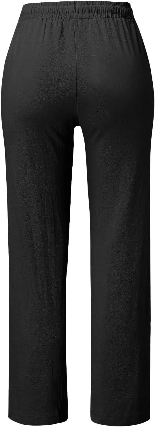 Womens Linen Pants High Waisted Wide Leg Pants Summer Boho Palazzo Pants Lightweight Flowy Beach Pants with Pockets